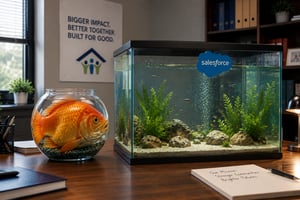 Oversized goldfish cramped inside a small fishbowl beside a much larger aquarium, symbolizing a nonprofit outgrowing its CRM and the need to migrate to Salesforce for scalable growth.