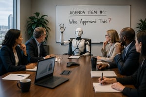 A nonprofit boardroom meeting where executives review AI governance policies with an AI assistant, highlighting responsible AI and Salesforce governance practices.