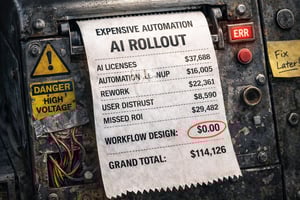 Receipt labeled “Expensive Automation – AI Rollout” showing high costs for AI licenses, rework, and missed ROI, with workflow design at $0.00, illustrating poor Salesforce Flow Builder planning.