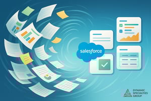 A digital illustration representing Salesforce Agentforce readiness, where messy paper files and spreadsheets transform into streamlined Salesforce dashboards, reports, and checklists. The Dynamic Specialties Group logo reinforces the theme of clarity, compliance, and ROI-driven implementation.