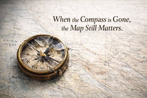 Broken antique compass with shattered glass resting on a detailed map, symbolizing the Compass 1.0 retirement and how Salesforce nonprofits can still navigate using strategy, health checks, roadmaps, and the Nonprofit Success Pack (NPSP).