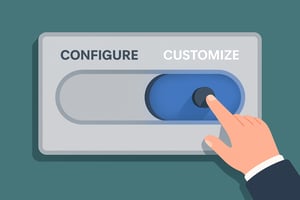Illustration of a hand flipping a toggle switch from "Configure" to "Customize" on a control panel, symbolizing strategic Salesforce customization.