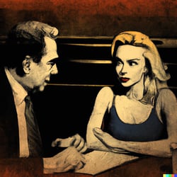 DALL·E 2023-03-14 15.12.32 - A noir image of a blonde female consultant meeting with Mark the CEO of a financial technology firm at a dark a seedy bar in 1940s comic book style