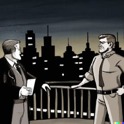 DALL·E 2023-03-14 15.34.03 - A noir image of a strong jawed male consultant meeting with a CEO of a financial services firm on a roof top bar overlooking a city at night bar in 19