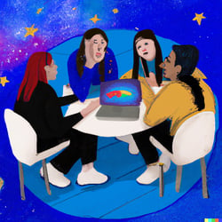 DALL·E 2023-03-21 13.56.15 - a painting of four marketing staff sitting around a laptop with DALL.e chatgpt in the style of Starry Night