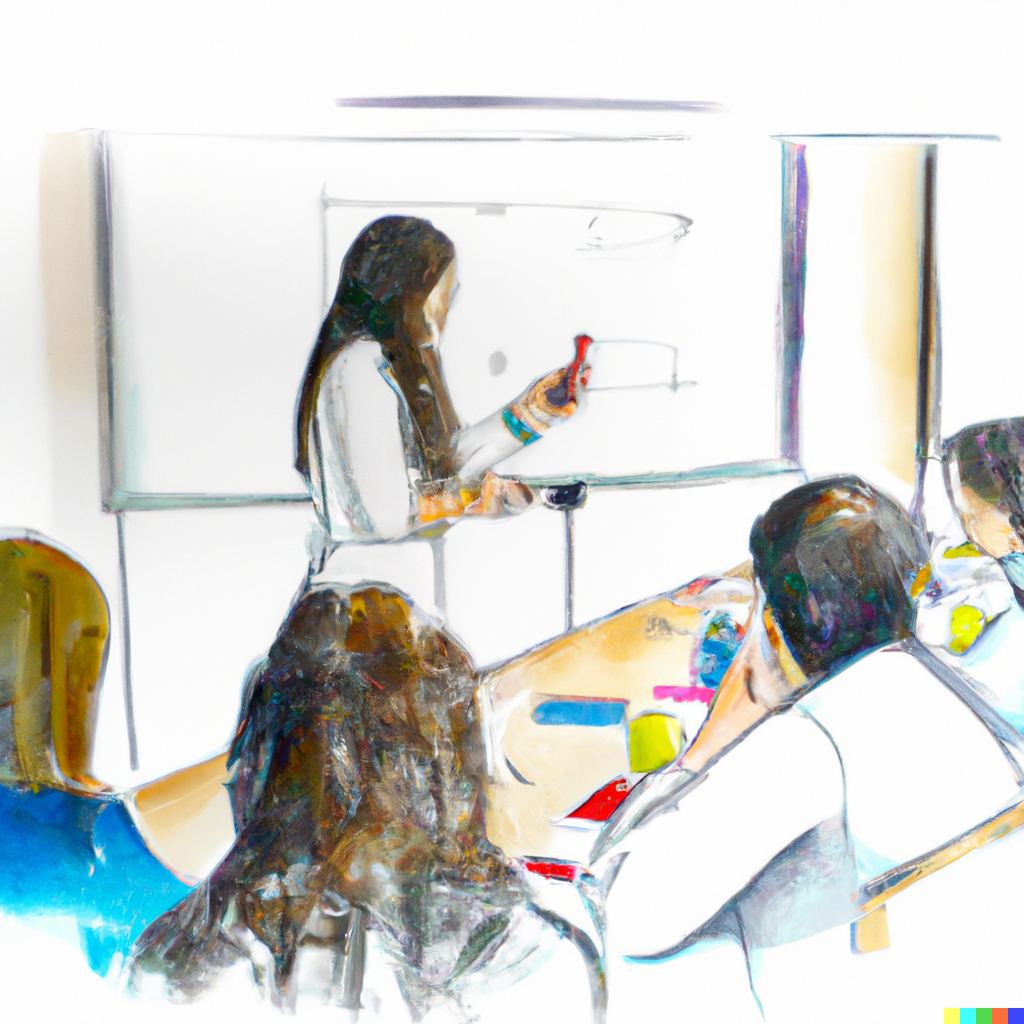 DALL·E 2023-03-24 15.19.11 - Draw a pencil line watercolor picture of people around a conference table with a young woman drawing on the whiteboard