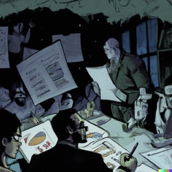 DALL·E 2023-03-30 06.55.01 - a DC comic book drawing of a dark and stormy night, a group of consultants are gathered around a table pouring over documents with a lot of white boar