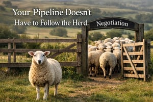 A realistic countryside scene showing a flock of sheep walking through an open wooden gate labeled “Negotiation,” while one sheep stands still in the foreground facing the camera. Rolling green hills stretch into the background, and overlay text reads, “Your Pipeline Doesn’t Have to Follow the Herd,” symbolizing independent sales strategy, pipeline differentiation, and smarter negotiation practices.