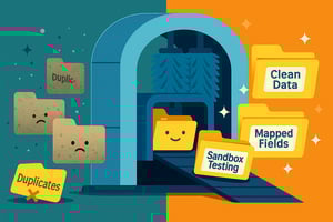 Illustration of Salesforce data migration best practices showing messy, duplicate file icons entering a digital car wash tunnel and emerging as sparkling, organized files labeled “Clean Data,” “Mapped Fields,” and “Sandbox Testing.