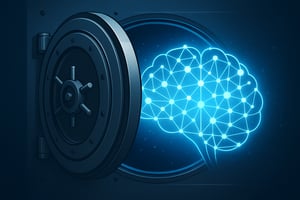 A digital illustration shows a stylized metallic bank vault door slightly open, revealing a glowing neural network inside, symbolizing secure, compliant AI in finance.