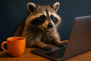 A cheerful raccoon with a cup of coffee sitting at a laptop, symbolizing energy and creativity for Salesforce Flow Builder automation.