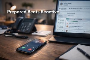 Insurance customer service workspace showing incoming call and unified customer data in Salesforce, highlighting preparation before customer interaction.