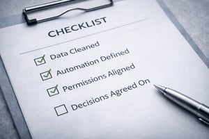 Checklist on a clipboard showing completed steps for Salesforce AI readiness—data cleaned, automation defined, permissions aligned—with “decisions agreed on” left unchecked, symbolizing responsible adoption of Salesforce agentic AI.