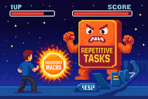 Video game-style illustration of a player using a glowing Salesforce Macro power-up to defeat a giant boss labeled Repetitive Tasks, symbolizing how Salesforce Workflows and Service Cloud Macros simplify automation.
