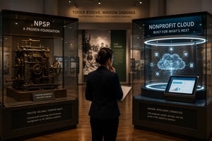 Museum-style comparison of Salesforce NPSP and Salesforce Nonprofit Cloud exhibits, symbolizing how nonprofits can evaluate the right Salesforce CRM platform for their mission, growth, and long-term strategy.
