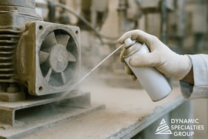 A technician cleaning a dusty industrial machine with compressed air, symbolizing Salesforce org revitalization and system performance optimization.
