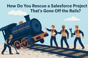 Illustration of a Salesforce project rescue concept showing a tilted train off the tracks with a confident crew of workers in safety vests and helmets working together to get it back on track, symbolizing rescuing failed Salesforce implementations.