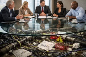 Executives are seated calmly at a boardroom table with a transparent glass surface revealing tangled wires, broken data pipes, warning signs, and error documents beneath—symbolizing misalignment between RevOps strategy and Salesforce implementation.