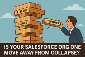 Cartoon illustration of a wobbling Jenga tower labeled Salesforce fields, flows, and reports, with a person adding another block, symbolizing an unstable Salesforce org. Caption reads: ‘Is Your Salesforce Org One Move Away From Collapse?’ representing the need for scalable Salesforce architecture and governance.