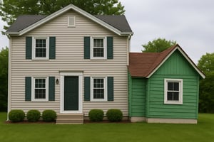 A beige two-story house with a mismatched green room addition, symbolizing how small Salesforce projects without strategic planning can cause integration issues and technical debt.