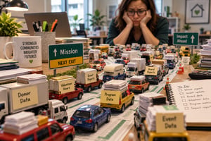 Miniature traffic jam of vehicles carrying nonprofit donor data, volunteer hours, grant reports, and program records across spreadsheets, illustrating hidden costs of disconnected nonprofit data management.