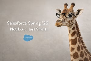 Realistic giraffe wearing glasses against a neutral background with text reading ‘Salesforce Spring ’26. Not Loud. Just Smart.’ — visual representing the Salesforce Spring ’26 release focus on clarity, mature automation, and practical AI.