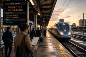 Salesforce Winter ’27 Release preparation concept with approaching train, release readiness checklist, and sign reading Winter ’27 Arriving Soon.
