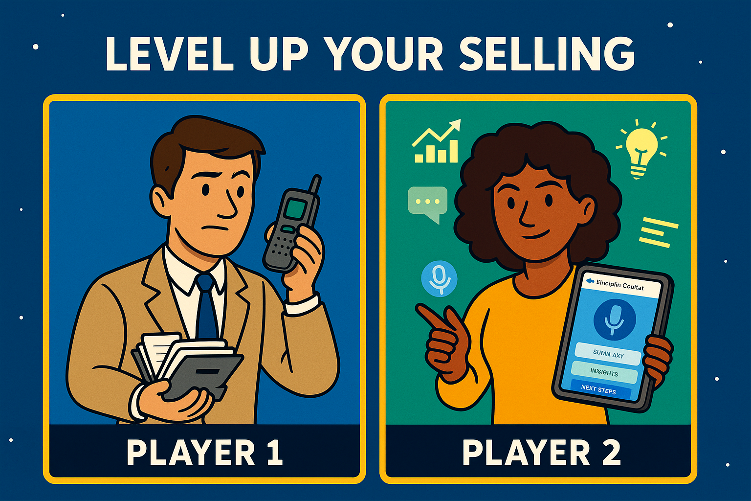 Split-screen illustration showing two sales reps in a video game-style character select screen. Left: rep holding a Rolodex and flip phone. Right: rep holding a tablet with Einstein Copilot, surrounded by floating data icons. Tagline reads