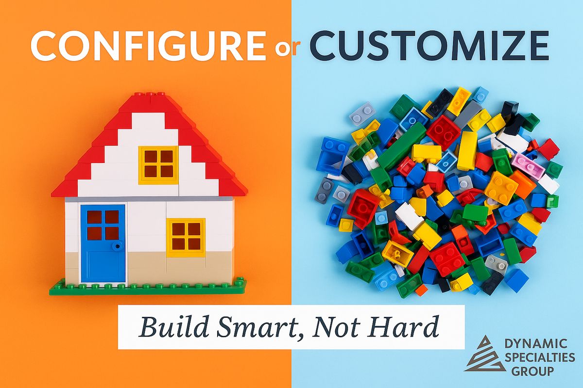Visual comparison of Salesforce configuration versus customization, showing a well-built LEGO structure on an orange background labeled 'Configure' and a scattered pile of LEGO bricks on a light blue background labeled 'Customize,' with the headline 'Configure or Customize' split down the middle for dramatic effect.