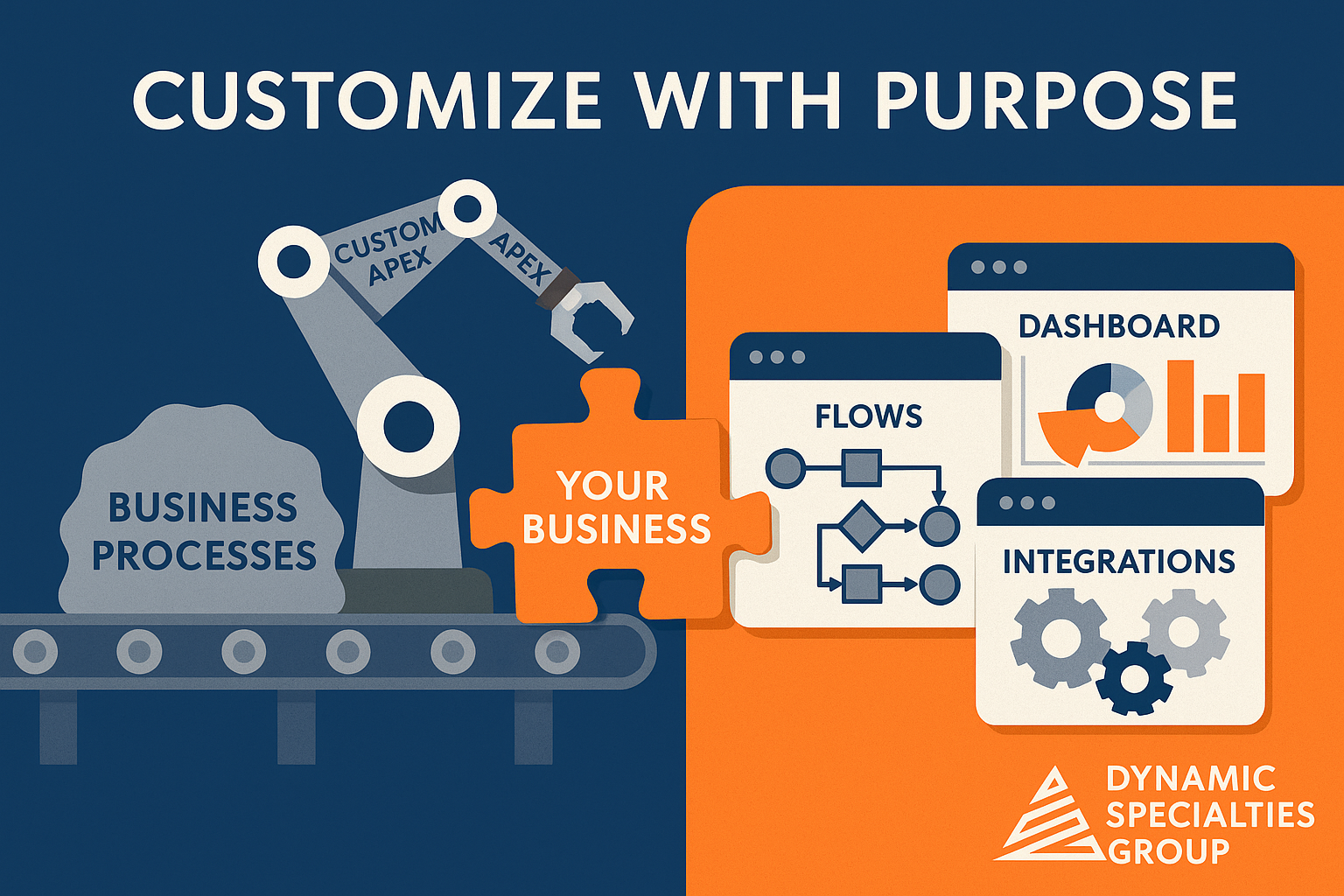 Digital illustration of a Salesforce customization concept. A robotic arm labeled 'Custom Apex' adjusts a conveyor belt carrying a puzzle piece labeled 'Your Business' from a block marked 'Business Processes.' On the right, Salesforce features—'Flows,' 'Dashboard,' and 'Integrations'—emerge in clean interface panels.