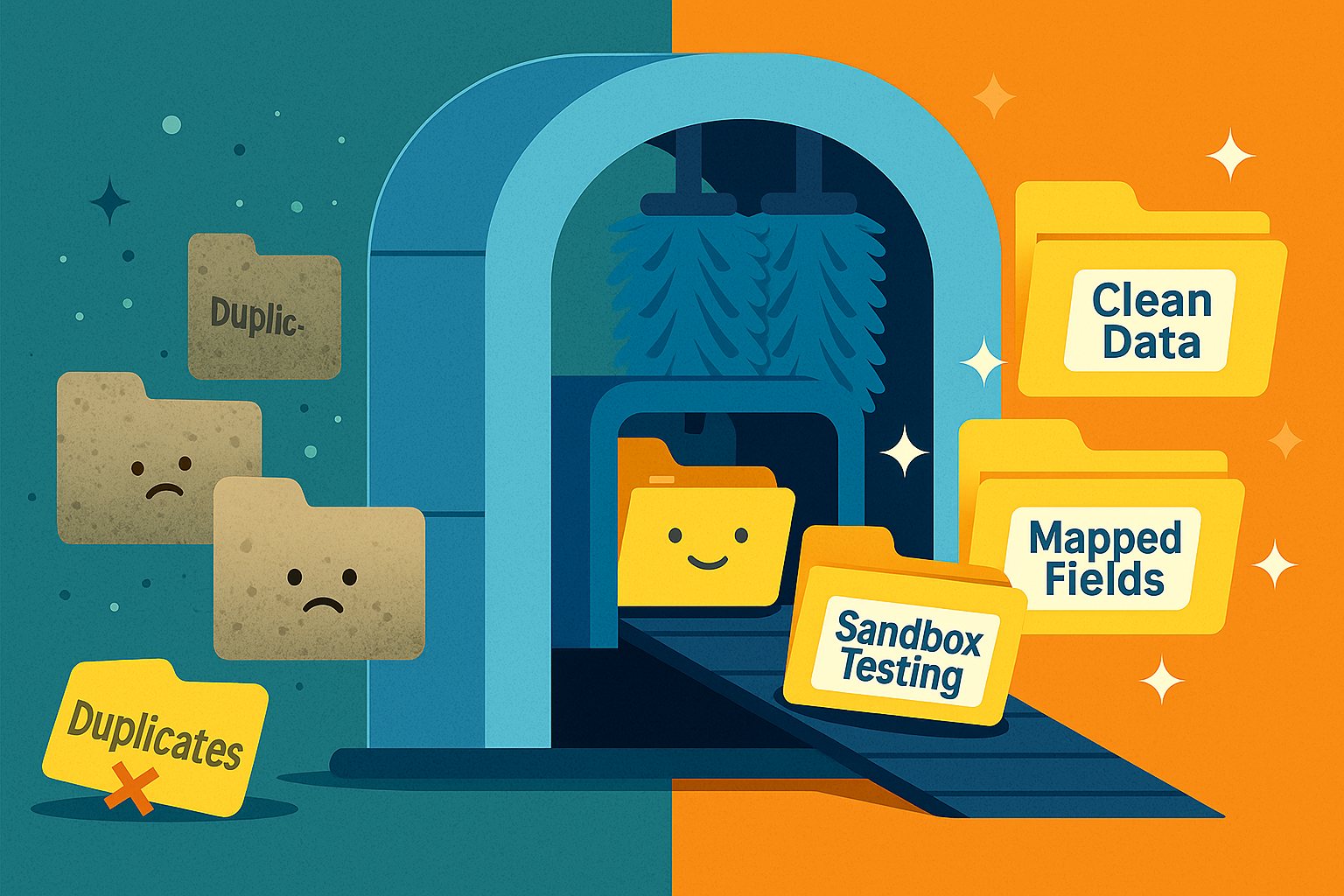 Illustration of Salesforce data migration best practices showing messy, duplicate file icons entering a digital car wash tunnel and emerging as sparkling, organized files labeled “Clean Data,” “Mapped Fields,” and “Sandbox Testing.