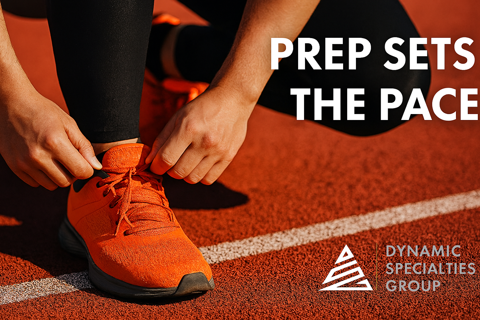 Runner tying shoes at the starting line with text ‘Prep Sets the Pace’ and Dynamic Specialties Group logo, symbolizing Salesforce project discovery and preparation.