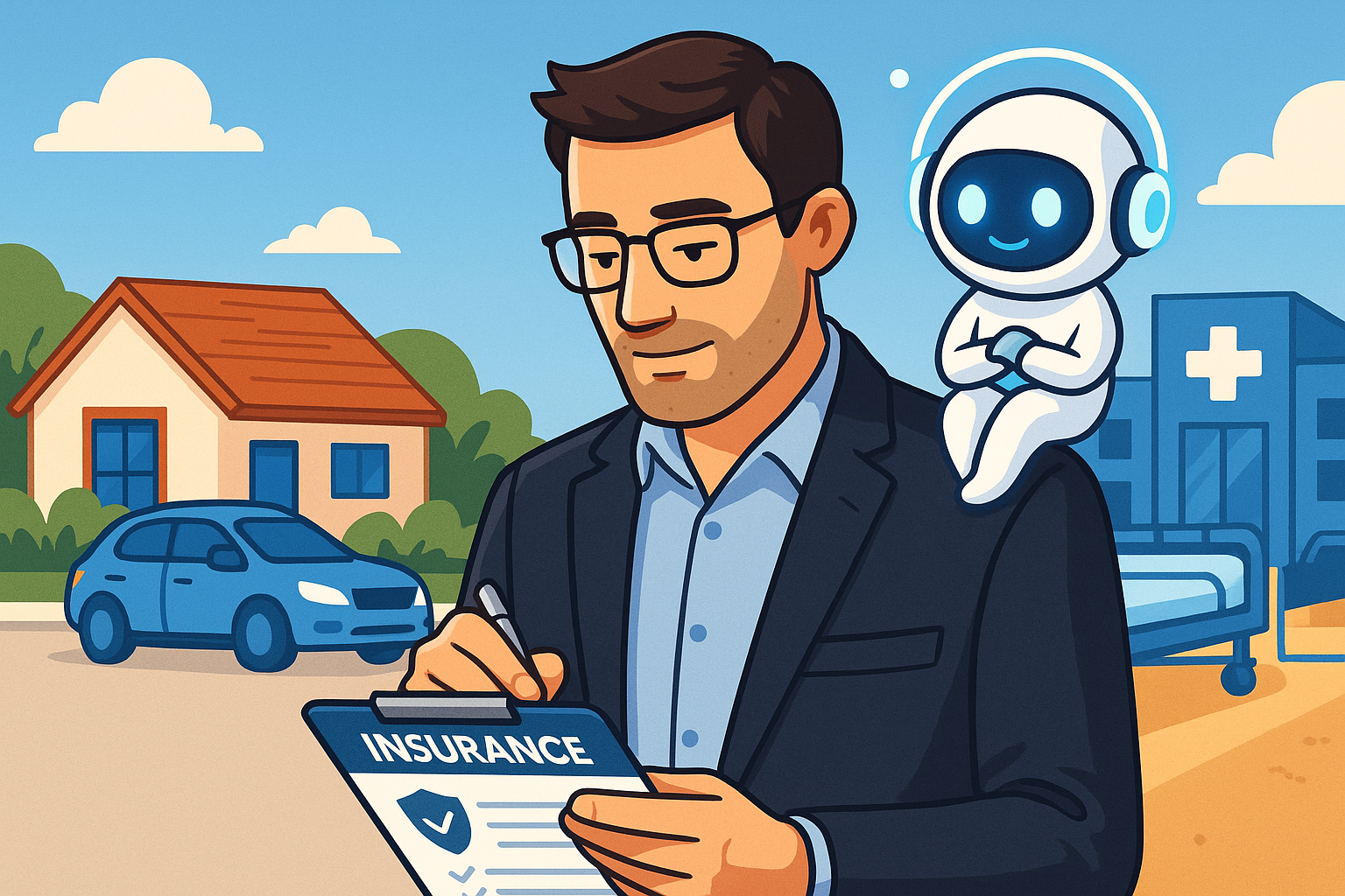 Insurance agent standing confidently with a digital clipboard, accompanied by a small AI assistant on their shoulder, with a house and hospital in the background—symbolizing smart, AI-powered support in modern insurance operations.