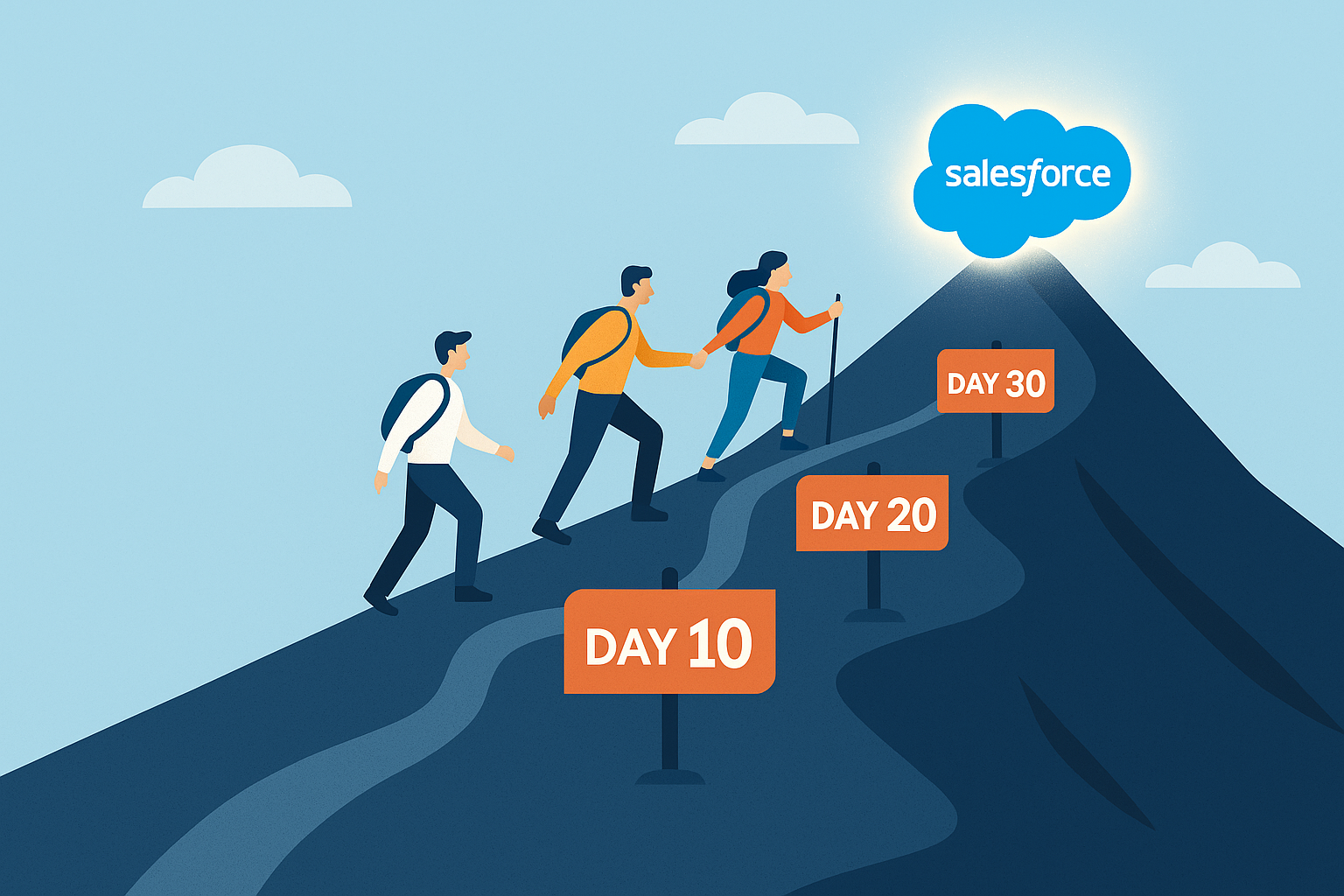 Illustration of a team climbing a mountain trail with milestone markers for Day 10, Day 20, and Day 30, reaching a glowing Salesforce cloud—symbolizing progress in Salesforce onboarding.