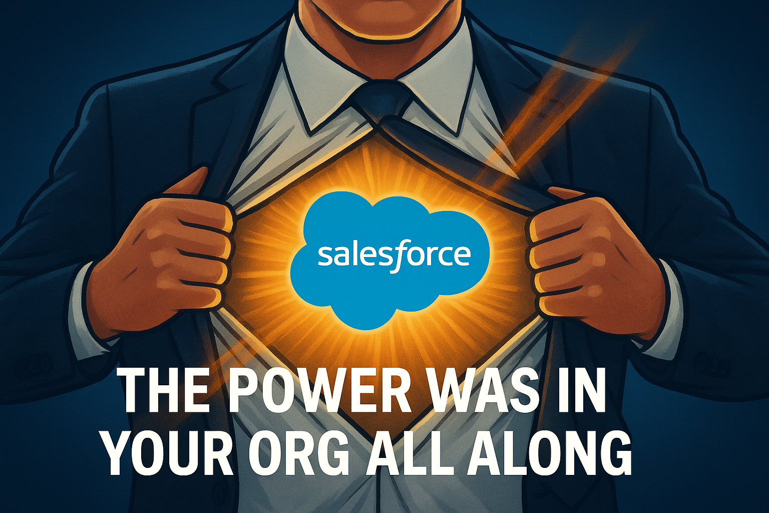 A sales rep pulls open their suit to reveal a glowing Salesforce cloud logo like a superhero emblem, symbolizing Salesforce Out Of The Box Features in Salesforce Sales Cloud, with the headline “The Power Was in Your Org All Along.