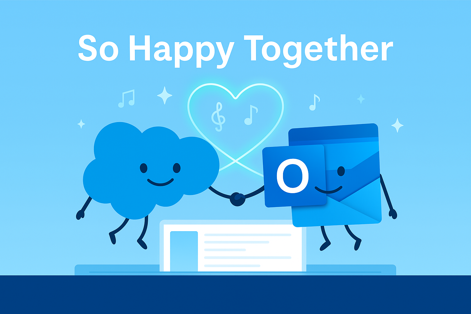Illustration of Salesforce and Outlook icons smiling and holding hands over a digital workspace, symbolizing seamless Salesforce Outlook integration, with the tagline “So Happy Together.”