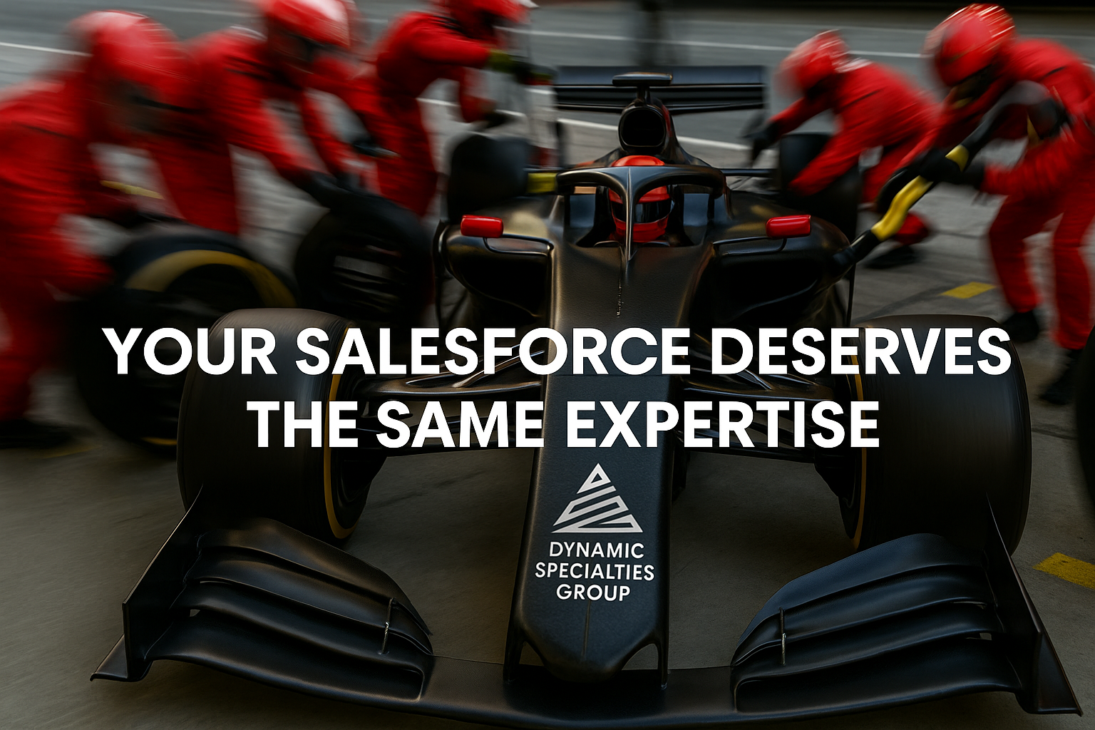 A Formula 1 pit crew services a sleek black race car featuring the Dynamic Specialties Group logo and the tagline “Your Salesforce Deserves the Same Expertise,” symbolizing precision and expert Salesforce Managed Services.