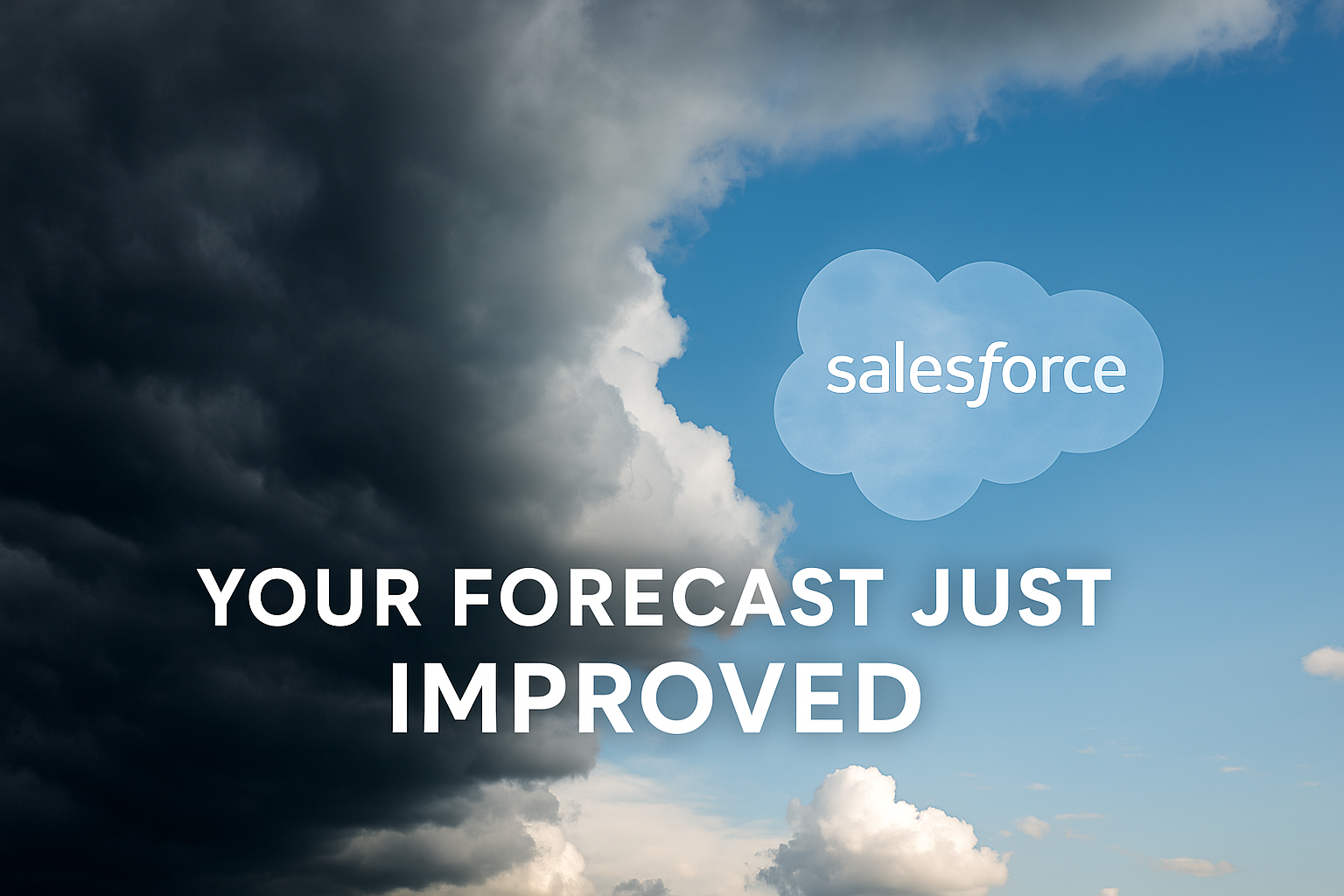 A sky scene transitioning from dark storm clouds to clear blue skies with a glowing Salesforce cloud logo and the tagline “Your Forecast Just Improved,” symbolizing clarity and success through Salesforce Managed Services by Dynamic Specialties Group.