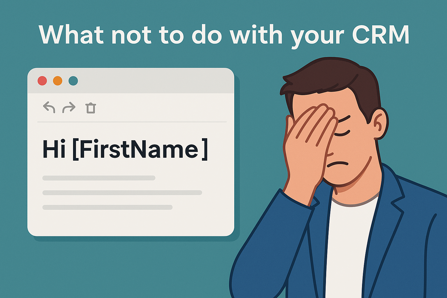 Illustration of a frustrated man facepalming next to an email mockup that reads 'Hi [FirstName]' with the headline 'What not to do with your CRM,' highlighting a common personalization failure in customer relationship management.