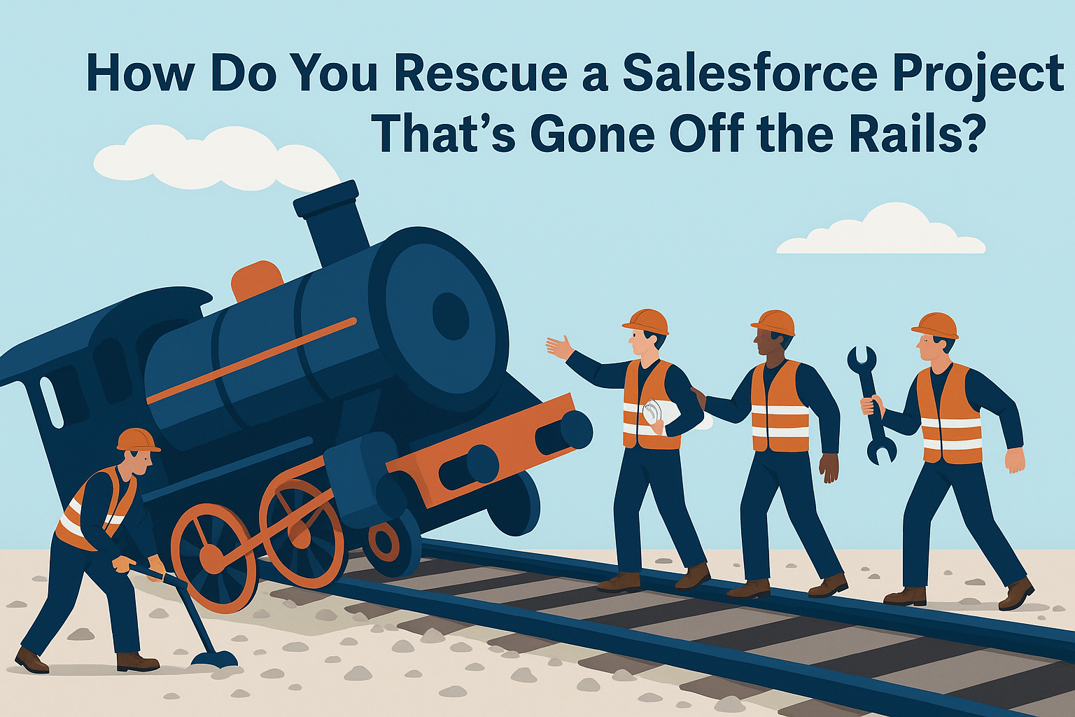 Illustration of a Salesforce project rescue concept showing a tilted train off the tracks with a confident crew of workers in safety vests and helmets working together to get it back on track, symbolizing rescuing failed Salesforce implementations.