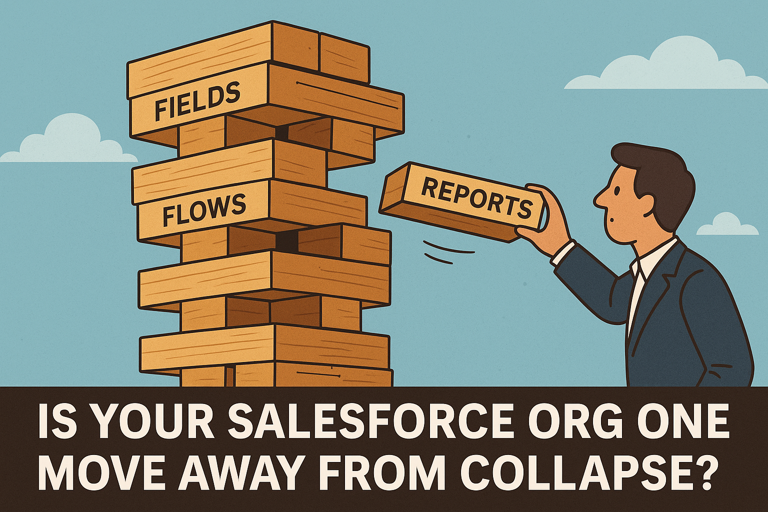 Cartoon illustration of a wobbling Jenga tower labeled Salesforce fields, flows, and reports, with a person adding another block, symbolizing an unstable Salesforce org. Caption reads: ‘Is Your Salesforce Org One Move Away From Collapse?’ representing the need for scalable Salesforce architecture and governance.