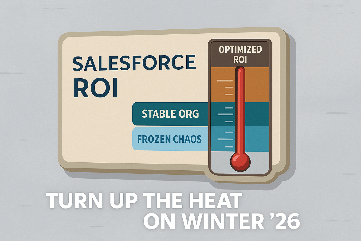 Digital illustration of a thermostat labeled “Salesforce ROI,” with temperature levels rising from Frozen Chaos to Stable Org to Optimized ROI. The tagline reads, “Turn Up the Heat on Winter ’26,” symbolizing the optimization and ROI improvement of the Salesforce Winter '26 Release.