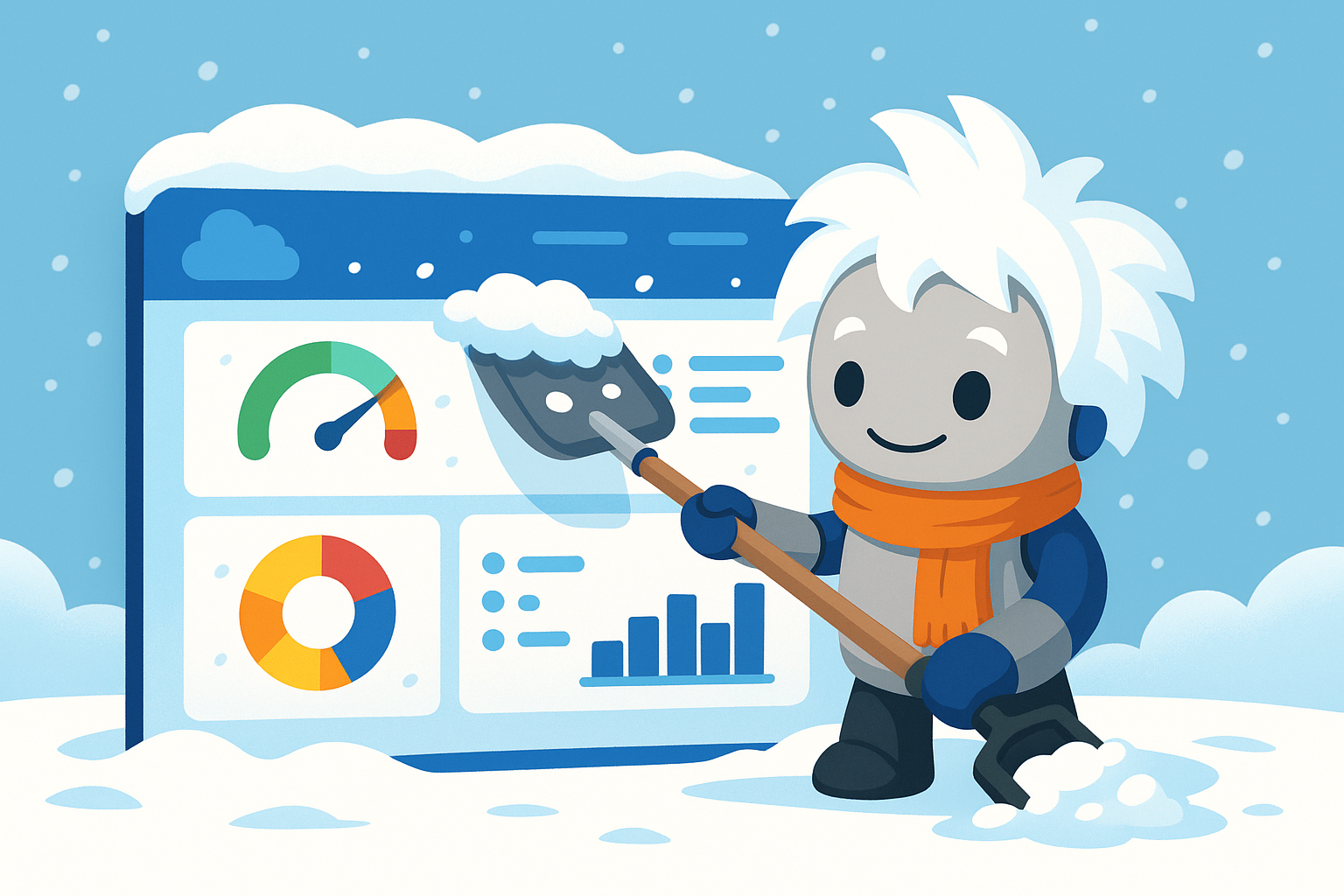 Salesforce Einstein character in a scarf shoveling snow off a dashboard, symbolizing Winter ’26 Release readiness and system preparation.